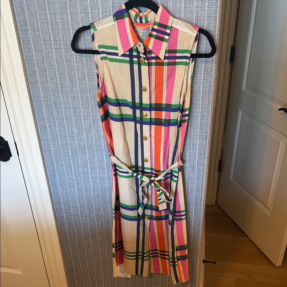 Vilagallo Multicolor Striped Plaid Sleeveless Shirt Dress
